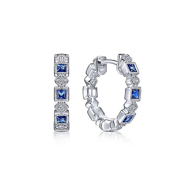 14K White Gold Diamond & Sapphire Huggie Earrings