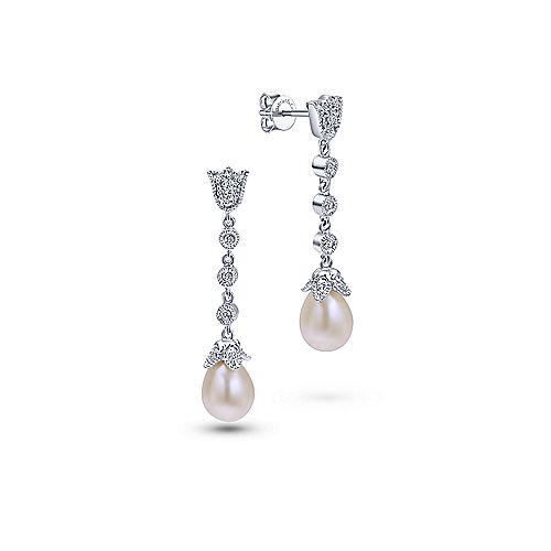 14K White Gold Diamond and Pearl Drop Earrings
