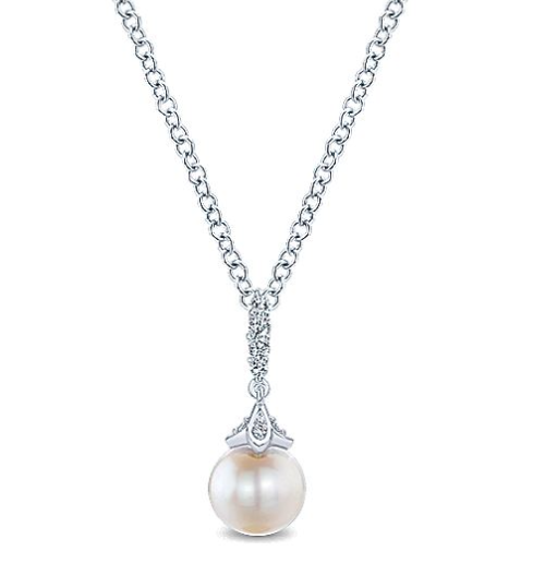 14K White Gold Pearl and Diamond Necklace